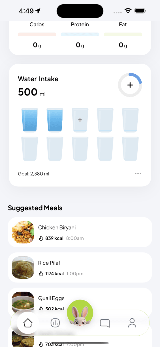 Calybite meals and water screen showing logged meals