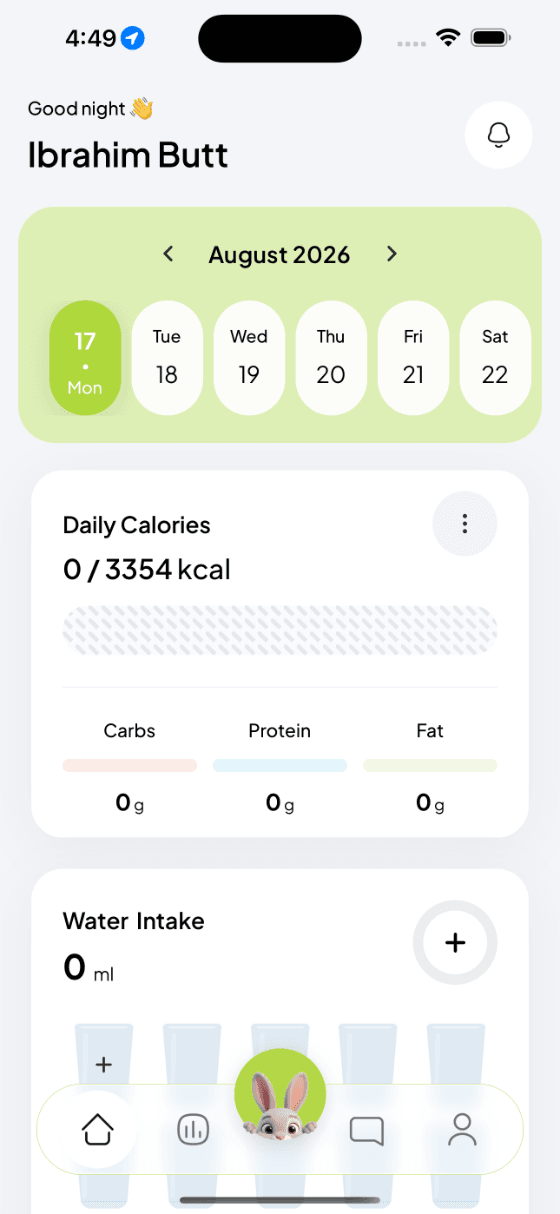Calybite daily dashboard showing calories, macros and water intake